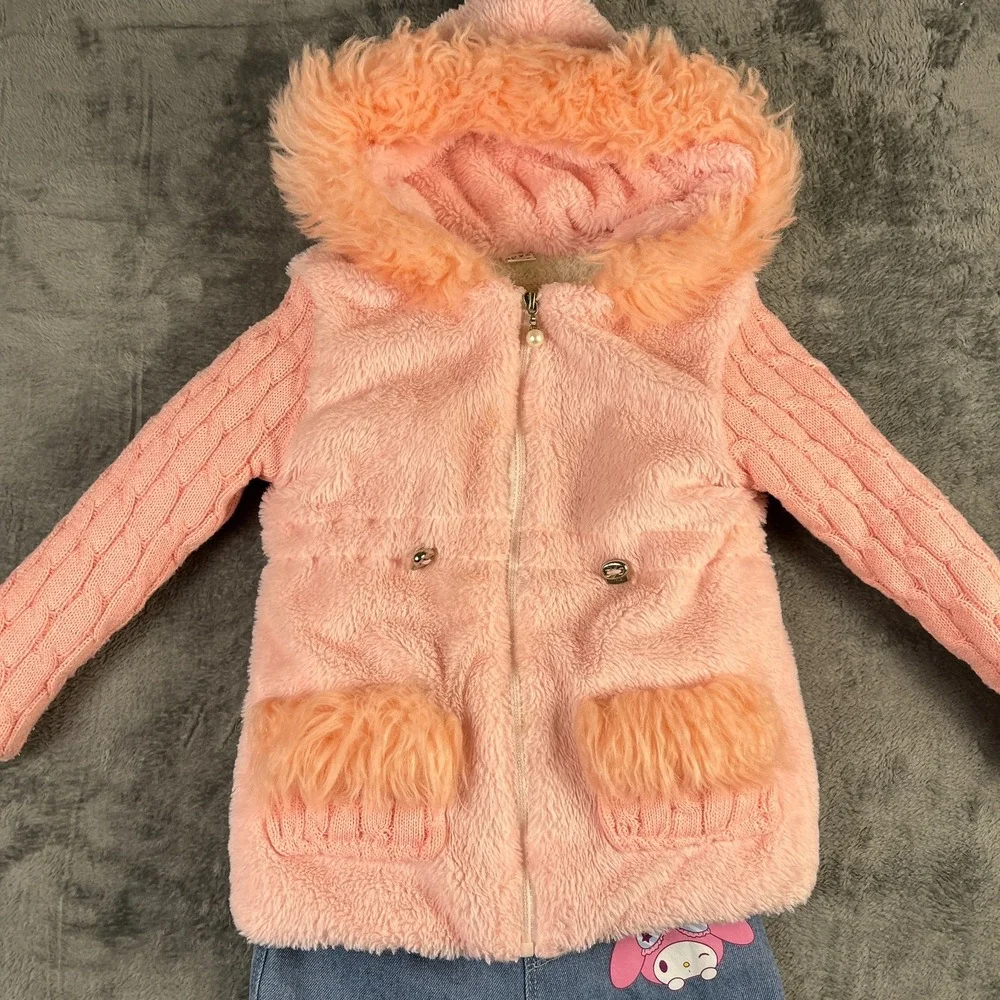 Shein Girls 4-5Y 3Pc Outfit Set Pink Fluffy Jacket Heart Dress My Melody Jeans